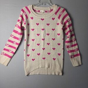 Pink Rose Women Cream Pink Heart Striped Raglan Pullover Sweater Small Valentine
